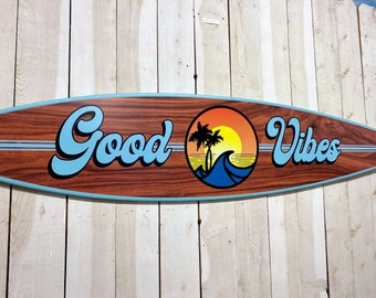 Personalized Surfboard Wall Art: Hawaiian Tiki Decor, Good Vibes Sign