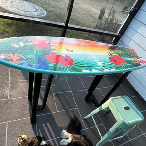 Surfboard Bar Top, table top, surf board Beach Decor, surf custom design gifts, coastal hawaiian tiki decor