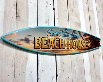 Housewarming Surfboard Sign, Beach House Coastal Wall Art, Tiki Decor Gift