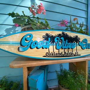 Surfboard Good Vibes Only Theme, tropical decor, wall art personalized signs, wooden surfboards,  coastal beach decor, beach tiki decor
