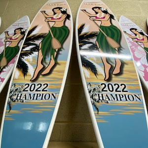 Surfboard Trophy&#39;s signs, tropical decor, custom surfboard trophies, surfboard tournaments,  coastal beach decor, beach tiki decor,