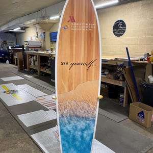 Vertical Custom Surfboard Sign, Company Logo Sign, Tropical Beach Decor, Beach Rental Wall art, Coastal Theme Decor, Airbnb Sign