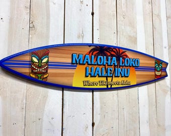 Hawaii Theme Personalized Surfboard Sign: Beach Tiki Decor Aloha