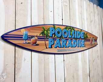 Personalized Surfboard Sign, Coastal Tiki Bar Decor, Poolside Wall Art