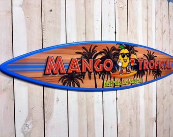 Surfboard Sign, Tropical Beach House Decor, Tiki Bar Wall Art, Custom Logo (Wood Composite)