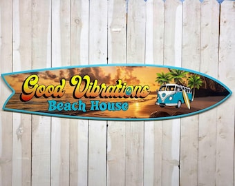 Surfboard Sign: Beach House, Tiki Bar Decor, Coastal Wall Art