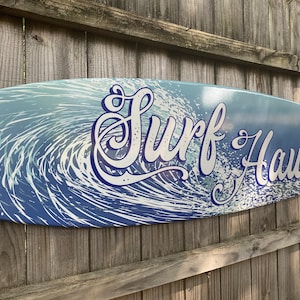 Surfboard wall art, personalized surfboard sign, wall hanging surf board, surfboard decor, beach wall art, hawaiian surfing decor, tiki bar