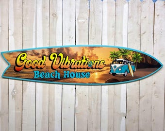Personalized Surfboard Sign, Beach Tiki Bar Decor, Coastal Poolside Wall Hanging
