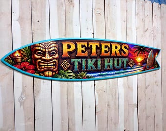 Custom Family Name Surfboard Sign, Beach House Wall Decor, Tiki Bar Art