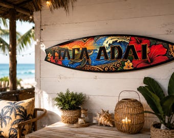 Personalized Surfboard Sign, Custom Beach House Wall Art, Tiki Bar Decor, Coastal Home Sign