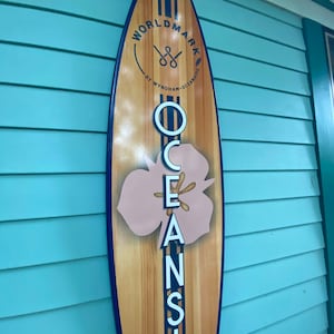 Surfboard sign, Custom Company Logo, tropical decor, Business logo, wall art personalized signs,  coastal beach decor, beach tiki decor
