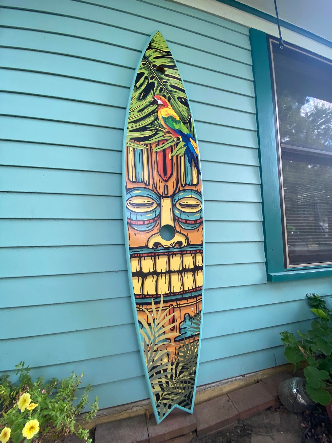 Custom Tropical Surfboard Wall Art: Tiki Decor, Pool Shower Sign