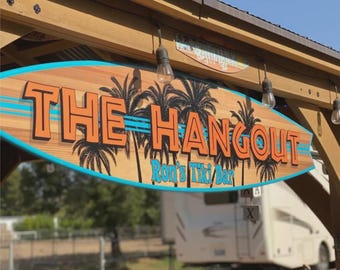 Custom Tiki Bar Sign on a Surfboard, Personalized Coastal Bar Decor, Backyard Bar Wall Art