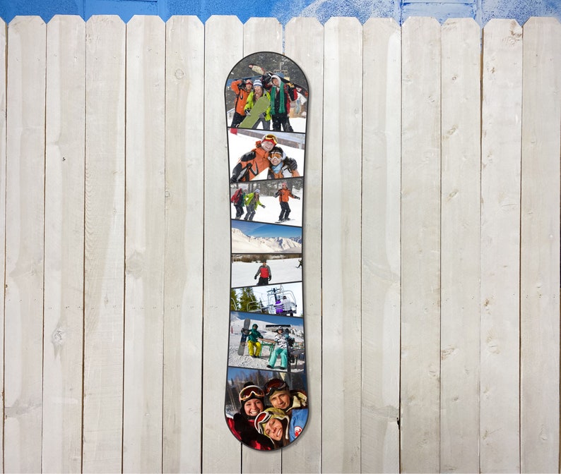 Puede incluir: Una tabla de snowboard con un collage de fotos impresas en ella. Las fotos muestran a personas haciendo snowboard, esqu&iacute; y disfrutando del invierno al aire libre.