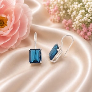 London Blue Topaz Earrings: Rectangle Sterling Silver Gemstone Jewelry