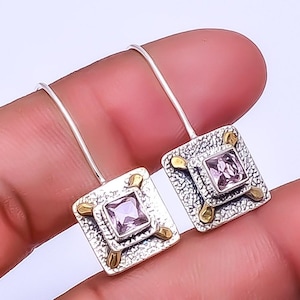 Handmade Amethyst Earrings: Two-Tone 925 Sterling Silver, Cushion Cut