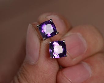 Handmade Cushion Amethyst Stud Earrings: 925 Sterling Silver