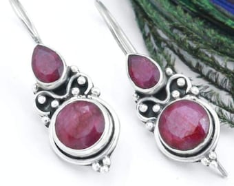 Handmade Ruby Earrings, Sterling Silver Gemstone Dangles