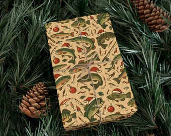 Papel de regalo con estampado de señuelos de pesca / Papel de regalo vintage para aparejos de pesca