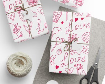 Pink Heart Doodles Wrapping Paper | Floral Love Pattern Roll