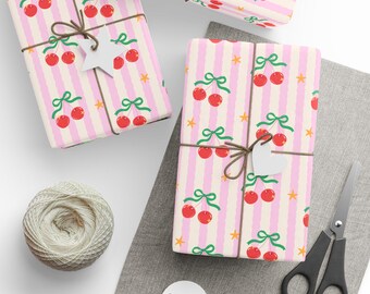 Papier cadeau cerisier | Rayures roses, cerises rouges, rouleau de papier cadeau