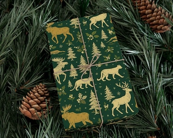 Forest Animals Gift Wrap Paper | Deer Moose Bear Pine Tree Holiday