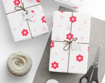 Pink Heart & Flower Pattern Wrapping Paper | Valentine Floral Gift Wrap