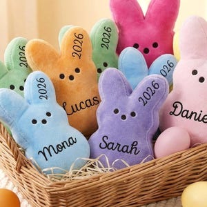 May include: A wicker basket filled with colorful plush bunny toys and Easter eggs. The bunnies are in various colors, including pink, blue, green, and orange, and have personalized names and the year 2026 embroidered on them. Easter-themed decor.