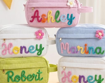 Étui à crayons personnalisé en velours côtelé pour enfants, pochette d'école avec prénom personnalisé, cadeau de rentrée, jolie trousse pour anniversaire de fille et de garçon