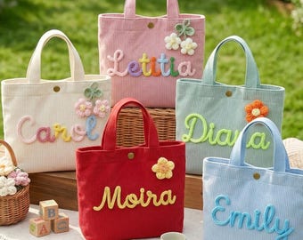 名入れ可能な子供用コーデュロイトートバッグ、カスタムネームハンドバッグ、幼児用財布、保育園・幼稚園用バッグ、女の子への誕生日プレゼント