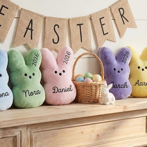 Personalized Bunny Plushie for Easter Basket, Peeps Style Stuffed Rabbit, Pastel Spring Decor, Custom Name Bunny Toy, Baby First Easter Gift