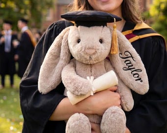 Personalized Graduation Bunny Plush, College Graduation Gift, University Graduation Plush, Cute Bunny with Cap Diploma Keepsake for Her