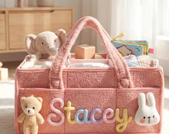 Personalized Plush Baby Storage Basket, Custom Yarn Name Diaper Caddy, Nursery Organizer Basket, Baby Shower Gift for New Mom