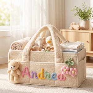 Cesta organizadora de pañales de felpa personalizada, cesta de almacenamiento para bebé personalizada con nombre de ganchillo, organizador para la habitación del bebé, regalo de decoración para baby shower de mamá primeriza