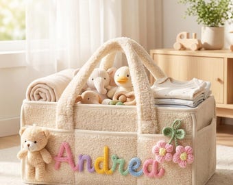 Cesta organizadora de pañales de felpa personalizada, cesta de almacenamiento para bebé personalizada con nombre de ganchillo, organizador para la habitación del bebé, regalo de decoración para baby shower de mamá primeriza