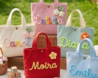 Bolsa infantil personalizada em veludo cotelê, bolsa com nome personalizado, bolsa para criança, bolsa para creche ou pré-escola, presente de aniversário para meninas.