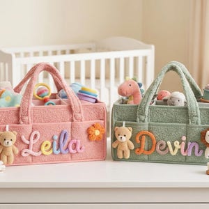 Personalized Diaper Caddy Basket, Plush Baby Storage Basket with Crochet Name, Nursery Organizer, Baby Shower Gift for Boy or Girl Decor