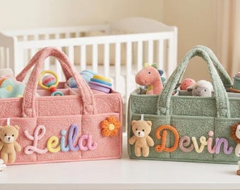Personlig blöjkorg, plyschkorg för blöjor med virkat namn, barnrumsorganisatör, babyshowerpresent för pojke eller flicka