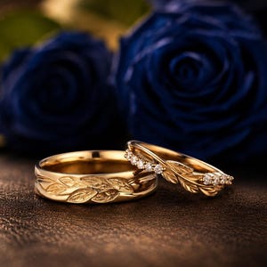 May include: Two gold rings featuring a detailed leaf pattern engraved along the bands. One ring is a solid gold band with a continuous leaf design, while the other is a thinner gold band accented with small clear stones set within the leaf motif.