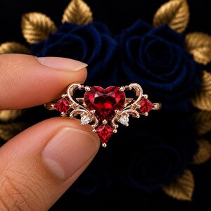 May include: A rose gold ring featuring a large heart-shaped red gemstone as the centerpiece, flanked by smaller kite-shaped red stones and tiny round white accent stones. The metal band displays intricate scrollwork details surrounding the gems.
