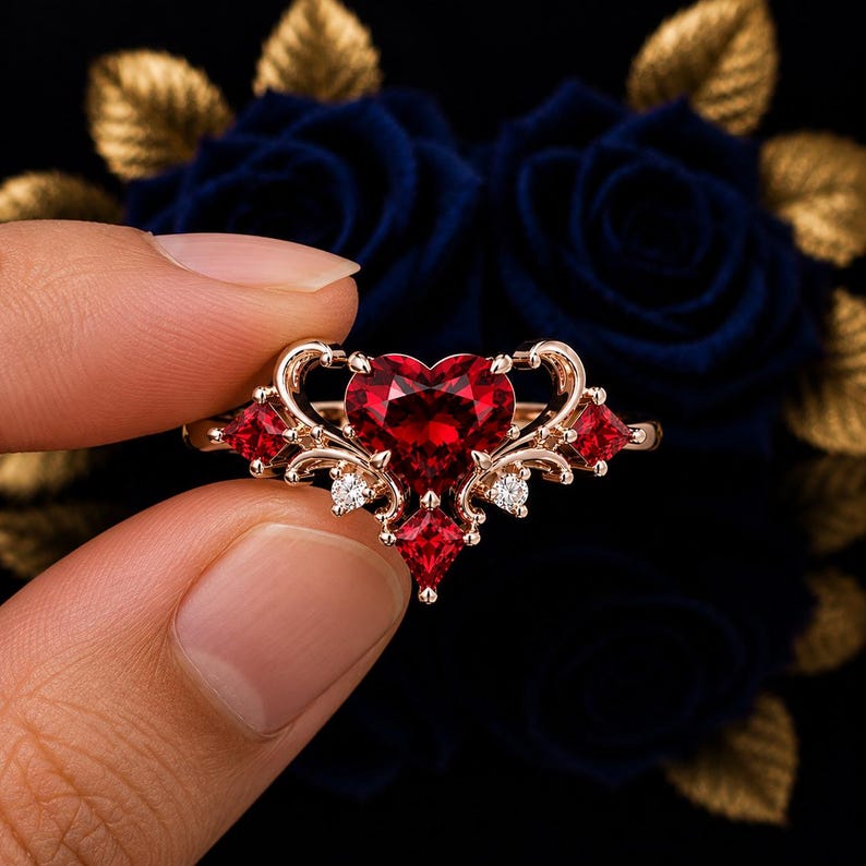 May include: A rose gold ring featuring a large heart-shaped red gemstone as the centerpiece, flanked by smaller kite-shaped red stones and tiny round white accent stones. The metal band displays intricate scrollwork details surrounding the gems.