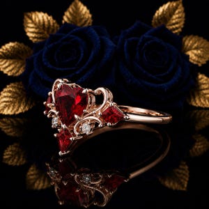 May include: A rose gold ring featuring a central heart-shaped red gemstone, accented by smaller kite-shaped red stones and tiny round white diamonds. The intricate metalwork creates a crown-like setting around the vibrant red centerpiece.