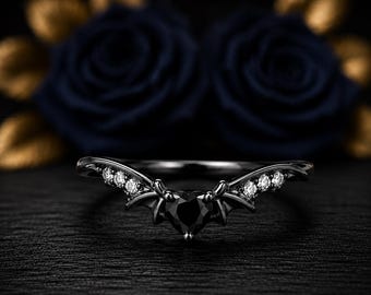 Gothic Bat Wing Ring with Black Onyx Heart Stone, Sterling Silver Witchcore Jewelry