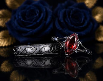 Marquise Garnet Couple Ring Set, Black Rhodium Engraved Band, Gothic Wedding Rings His and Hers