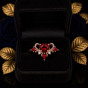 May include: A rose gold ring featuring a central heart-shaped red gemstone, accented with smaller triangular red stones and clear round stones set in an intricate, swirling metal frame, presented inside a black velvet jewelry box.