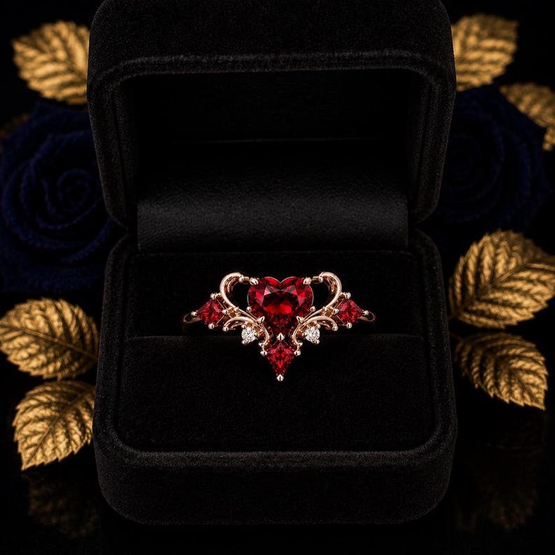 May include: A rose gold ring featuring a central heart-shaped red gemstone, accented with smaller triangular red stones and clear round stones set in an intricate, swirling metal frame, presented inside a black velvet jewelry box.