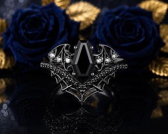 Gothic Bat Black Onyx Coffin Engagement Ring, Spiderweb Band, Sterling Silver Bridal Set
