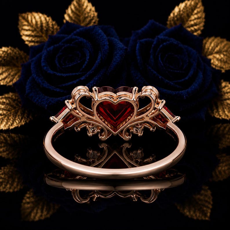 May include: A rose gold ring featuring a central heart-shaped red gemstone set within an ornate, filigree-style metal frame. The band is smooth and circular, complemented by smaller red accent stones on the sides of the decorative setting.