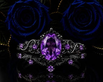 Gothic Amethyst Oval Engagement Ring Set, Black Gold Wedding Band, Sterling Silver Witchy Jewelry