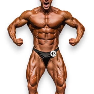 Puede incluir: Un culturista con tez bronceada flexiona sus músculos, mostrando una musculatura definida. Lleva un slip de competición negro y una placa con el número 18. La imagen está sobre un fondo blanco.